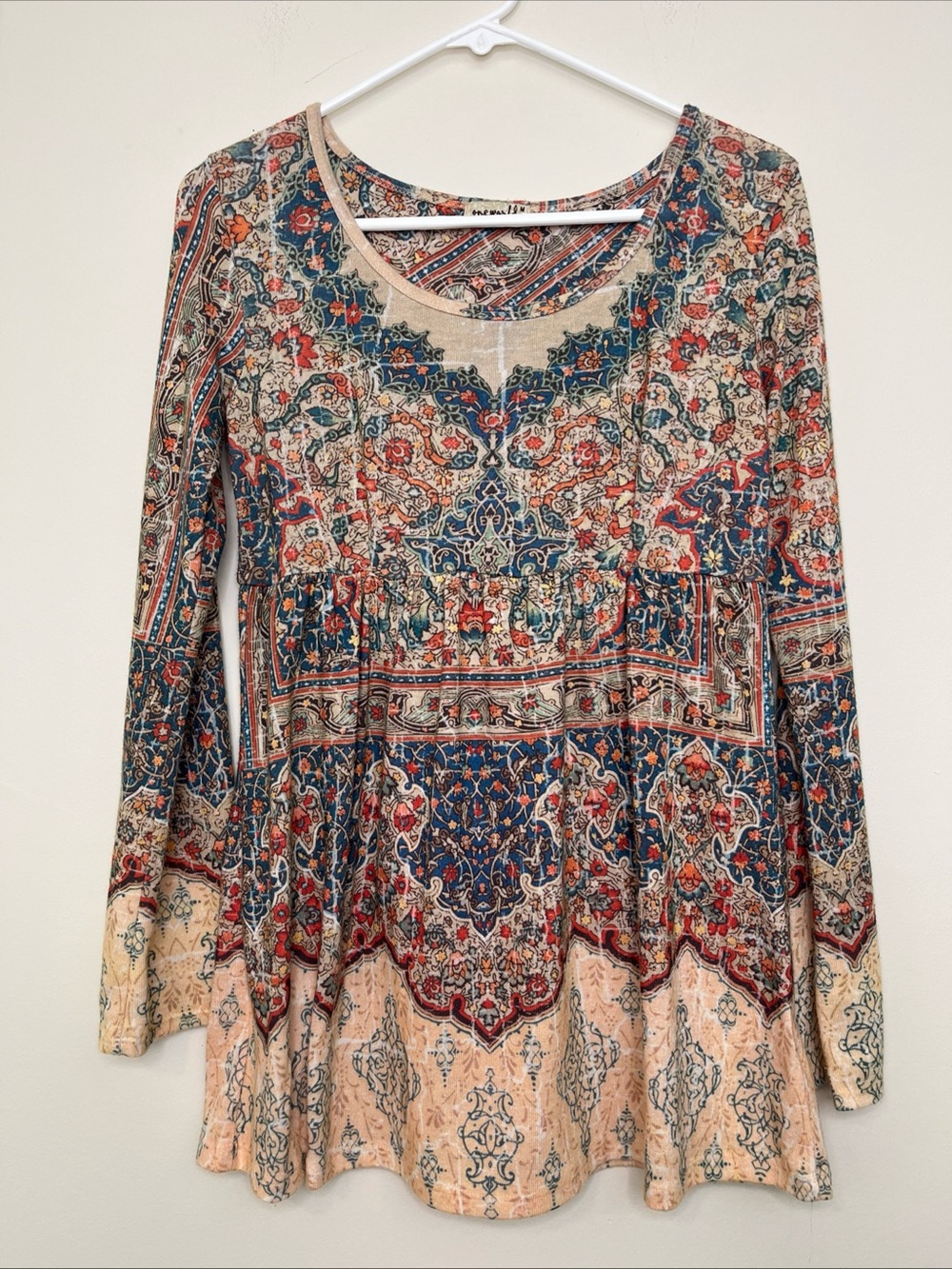Women’s One World Boho Paisley Light Sweater Long Sleeve Top Orange Blue Medium